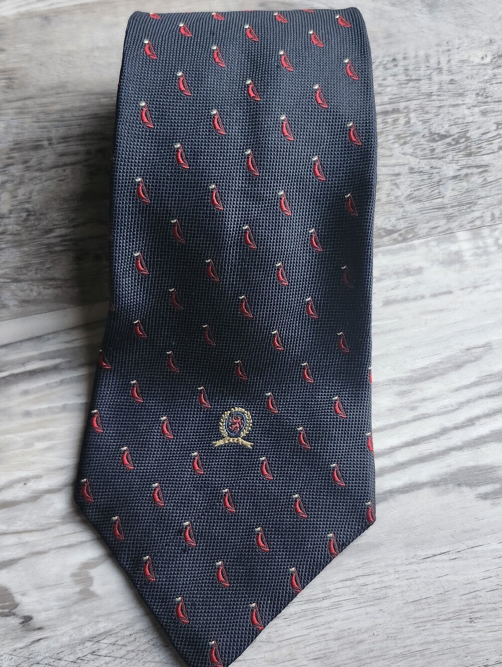 Vintage Tommy Hilfiger Silk Tie Navy Red Sailboat Nautical Sailing Preppy USA